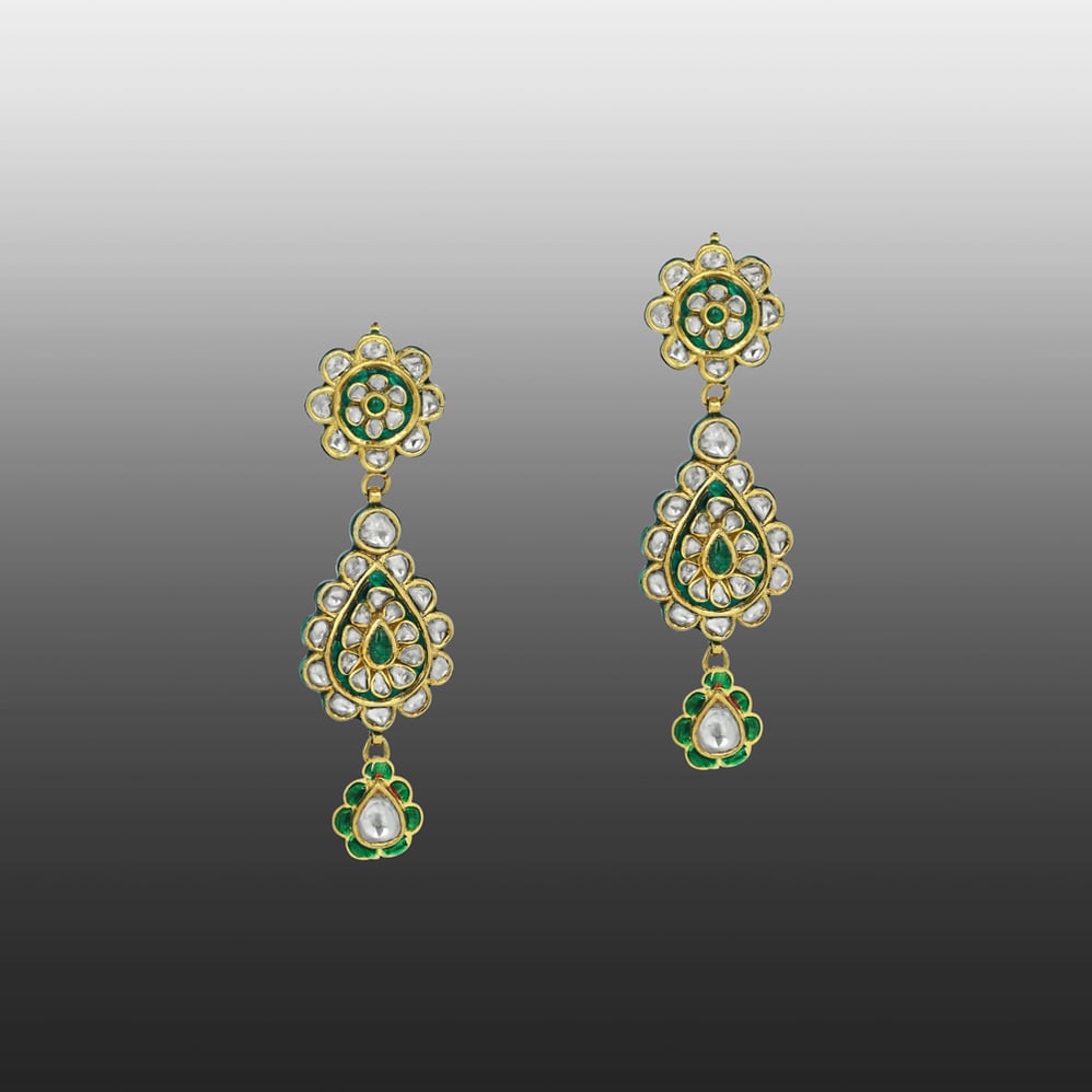 Teardrop Polki Earrings with Green Enamel and Floral Accents
